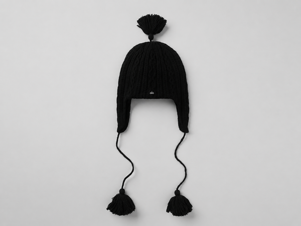 Cable Knit Winter Bliss Earflap Beanie - Black