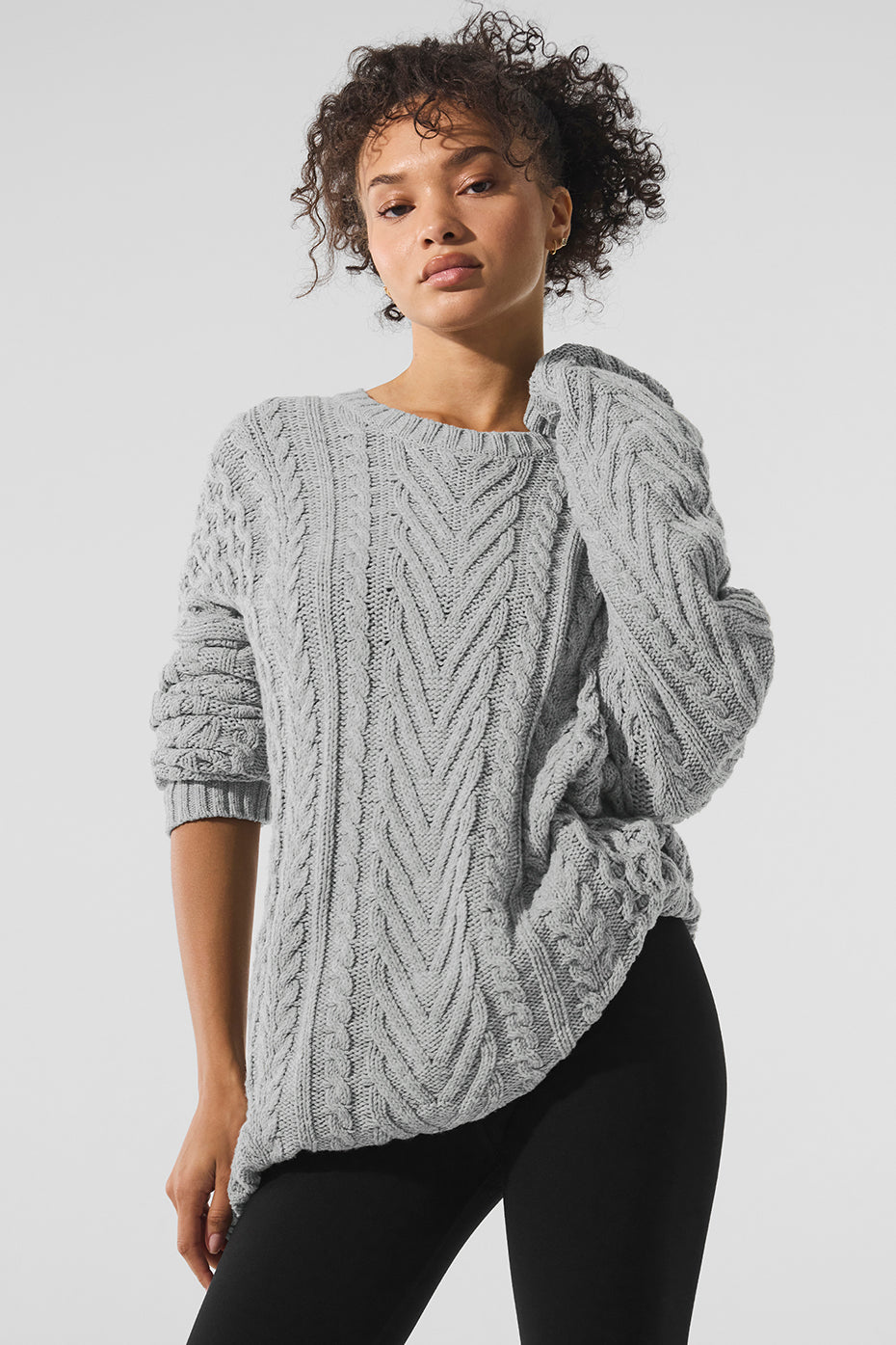 Cable Knit Crew Neck Sweater - Athletic Heather Grey--0