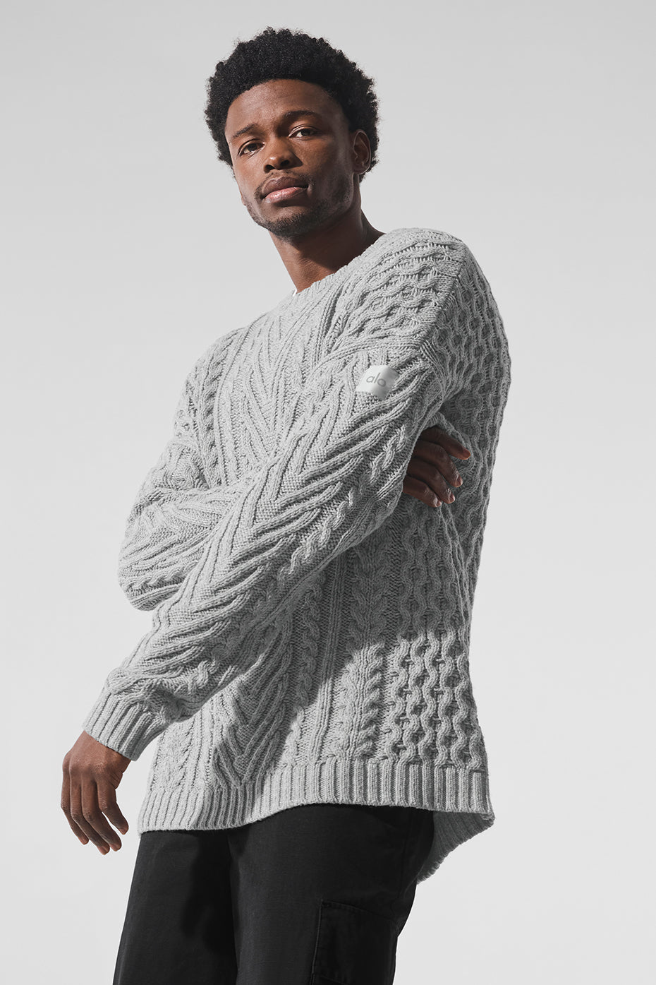 Cable Knit Crew Neck Sweater - Athletic Heather Grey--1