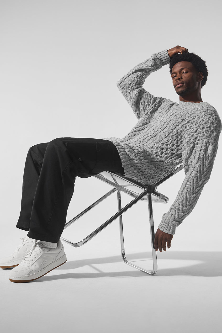 Cable Knit Crew Neck Sweater - Athletic Heather Grey--3