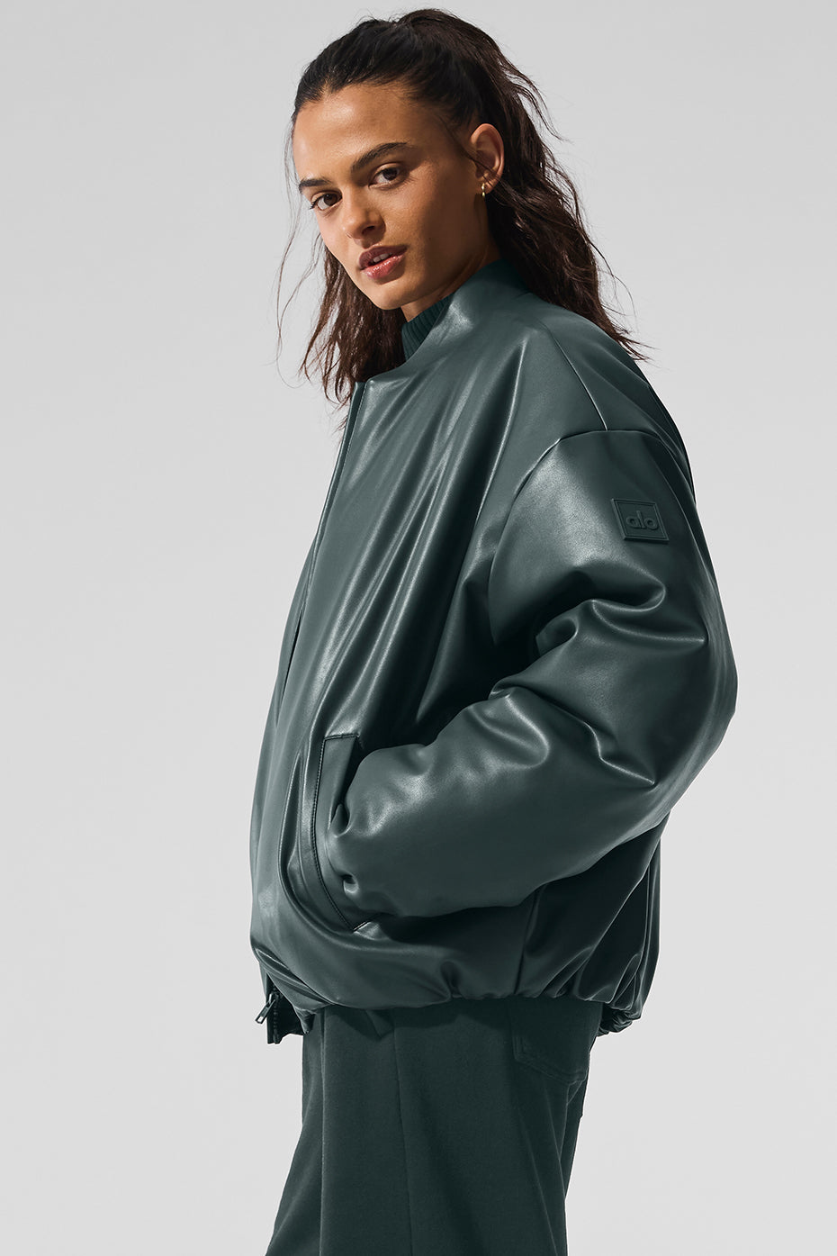Faux Leather Premier Bomber - Charcoal Green--2