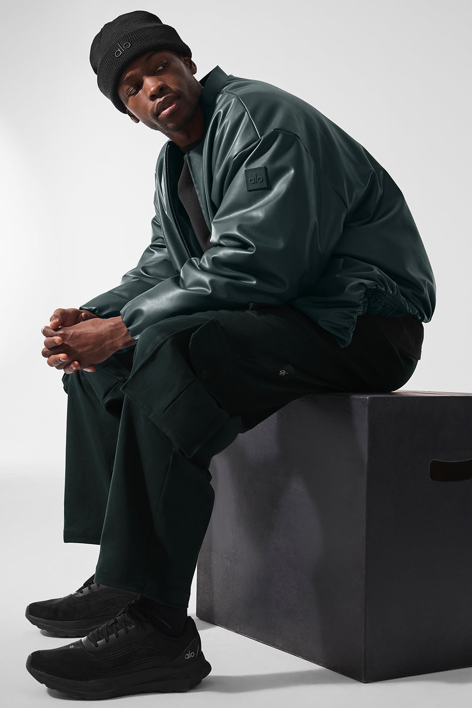 Faux Leather Premier Bomber - Charcoal Green--3