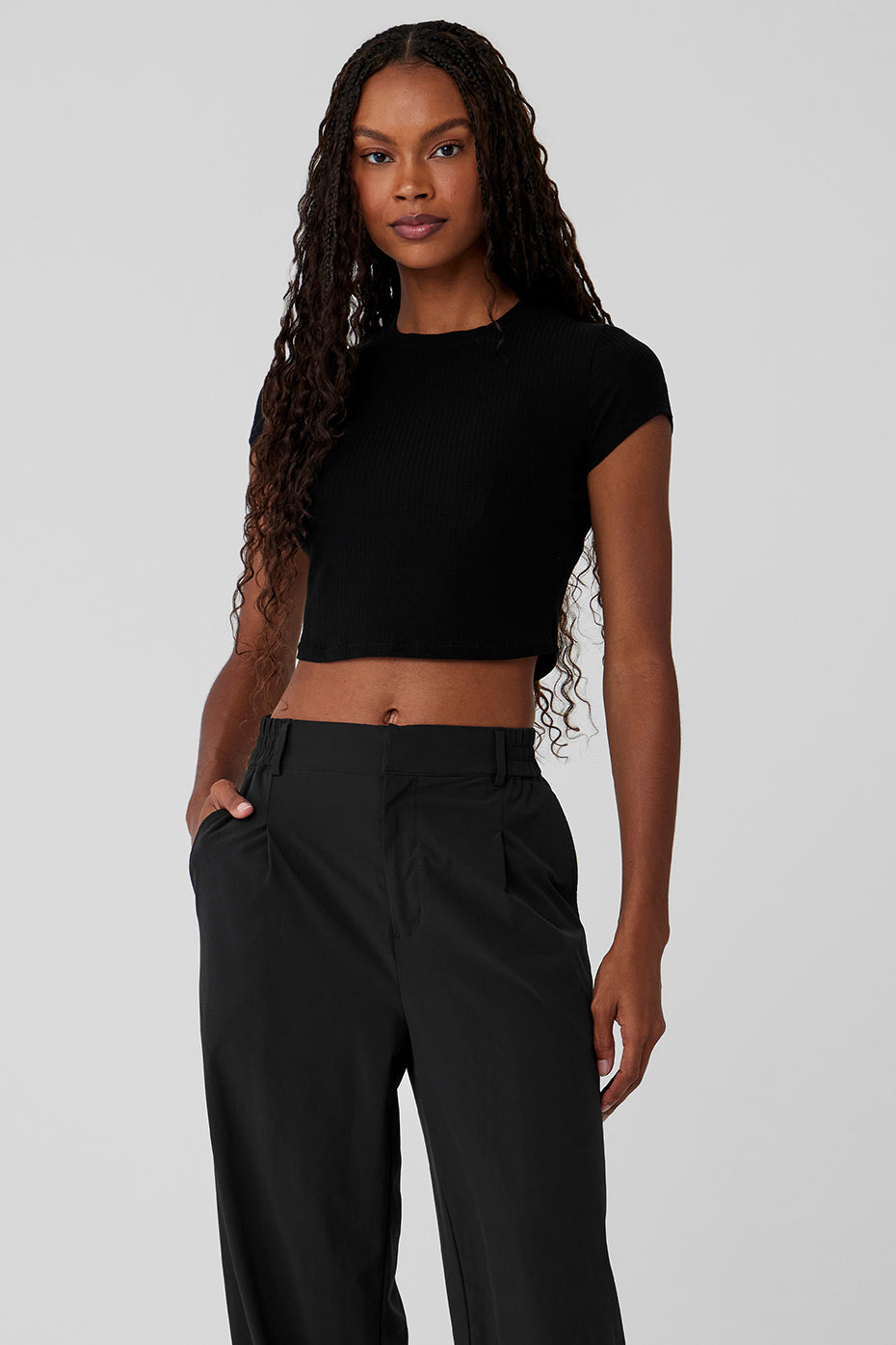 Ribbed Sea Coast Cropped Short Sleeve Tee - Black--0