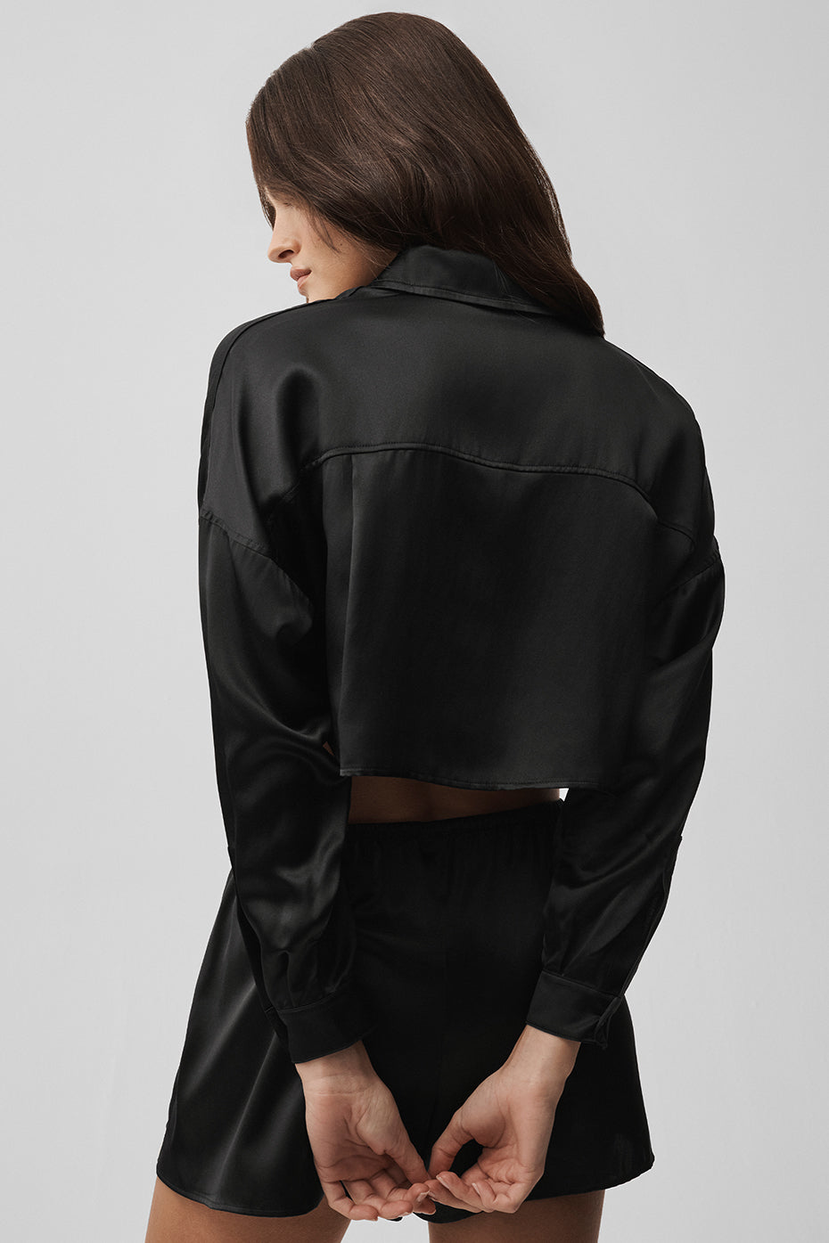 Silk Luminous Cropped Button Down Long Sleeve - Black--1