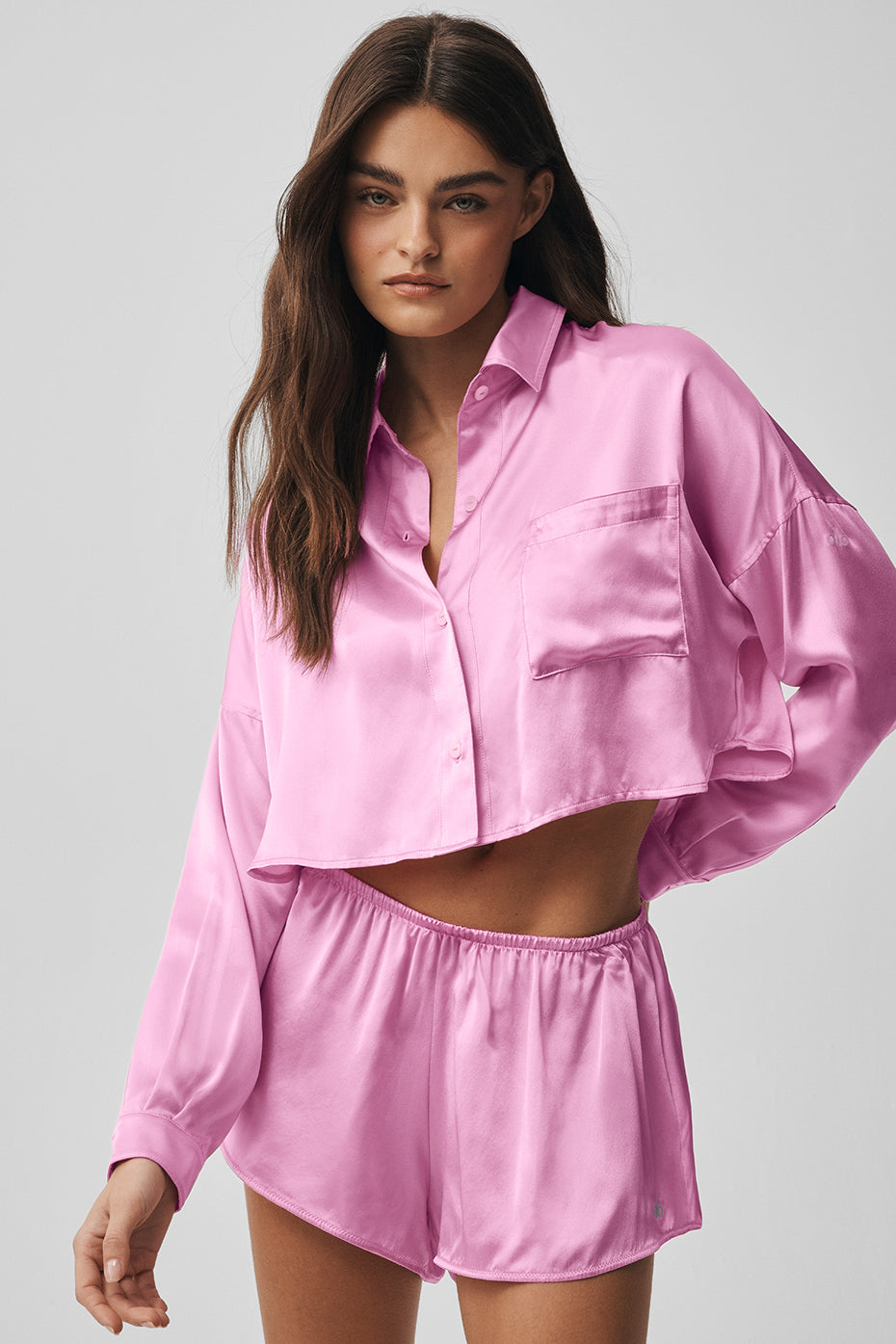 Silk Luminous Cropped Button Down Long Sleeve - Candy Heart Pink--0