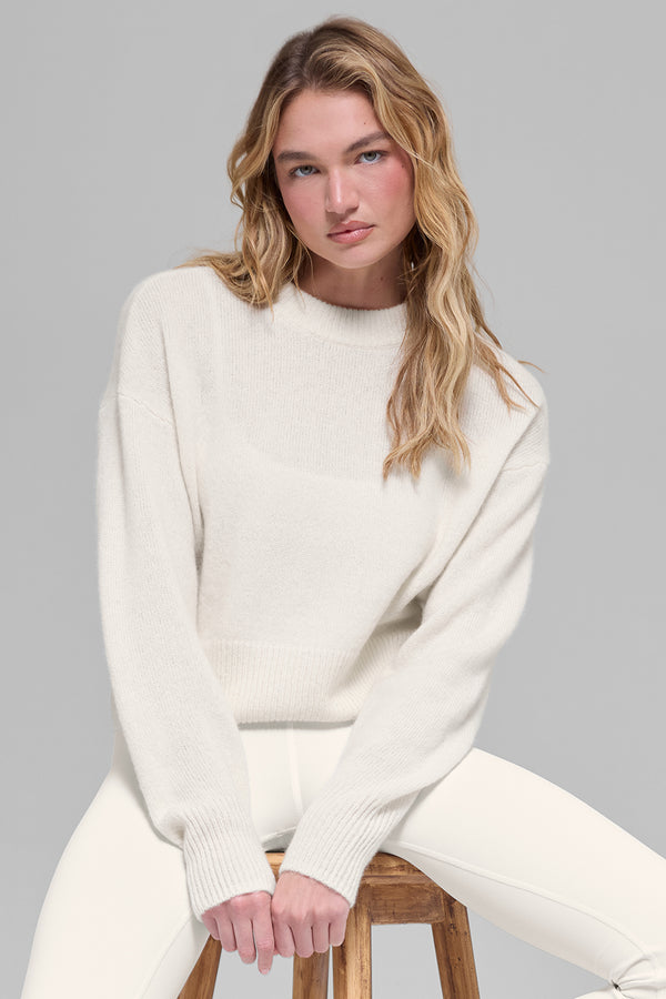 Wool Cashmere Cropped New Class Crewneck Sweater - Ivory