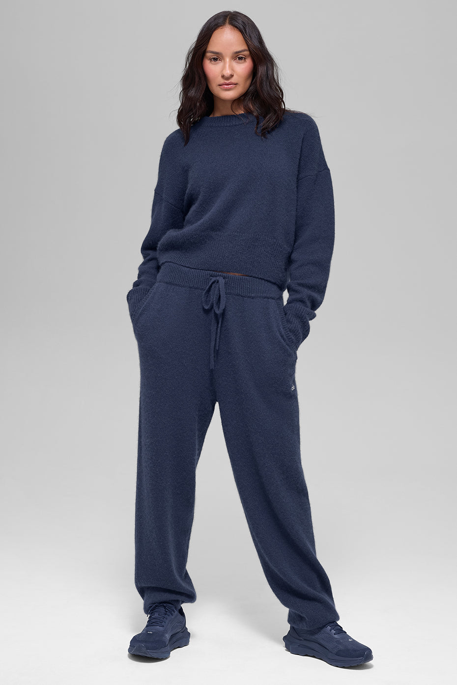 Wool Cashmere Cropped New Class Crewneck Sweater - Navy--3