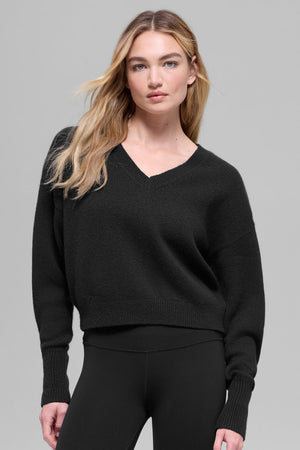 Wool Cashmere Cropped New Class V-Neck Sweater - Black