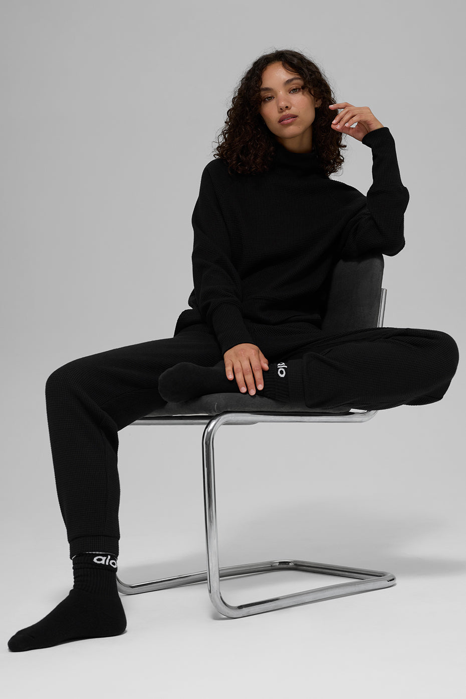 Waffle Weekend Escape Mock Neck Long Sleeve - Black--5