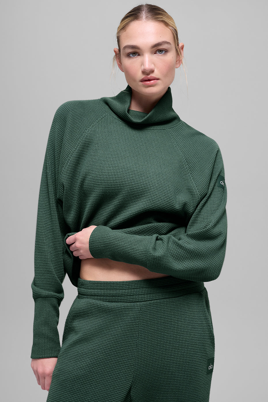 Waffle Weekend Escape Mock Neck Long Sleeve - Clover Green--0