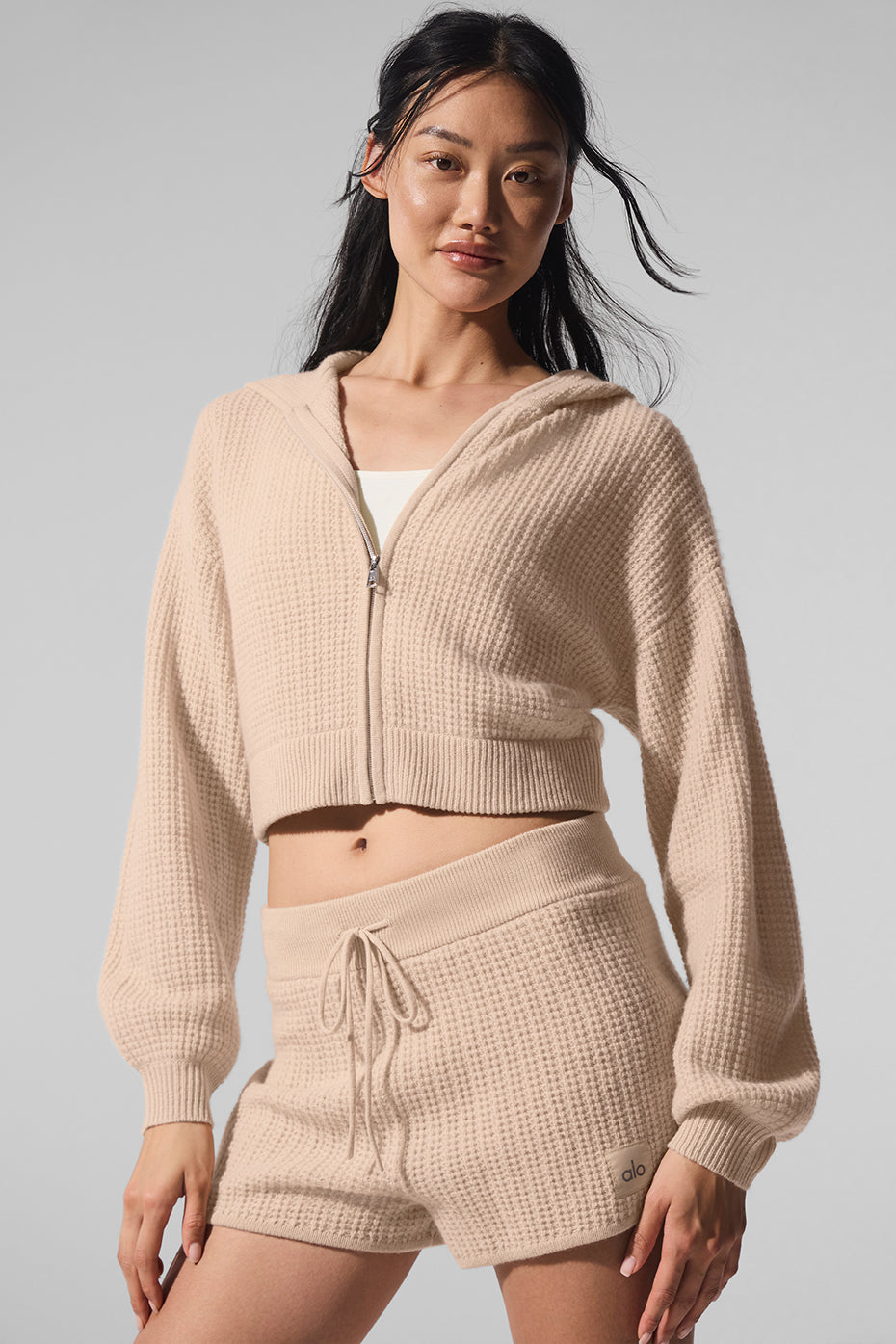 Cashmere Plush Waffle Full Zip Hoodie - Macadamia Blush--2