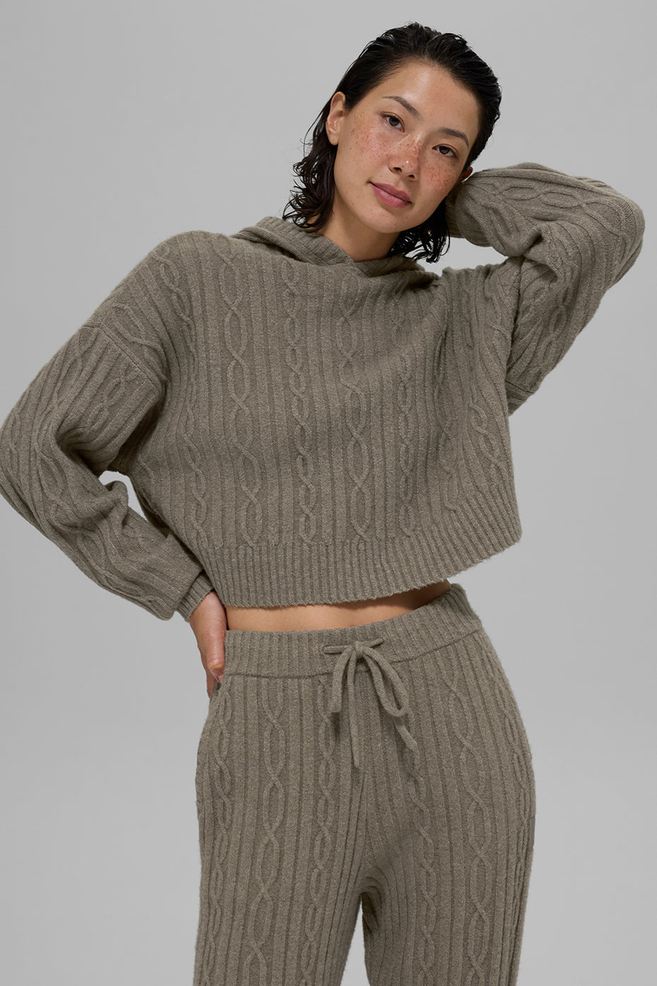 Cable Knit Winter Bliss Hoodie - Light Cocoa--1