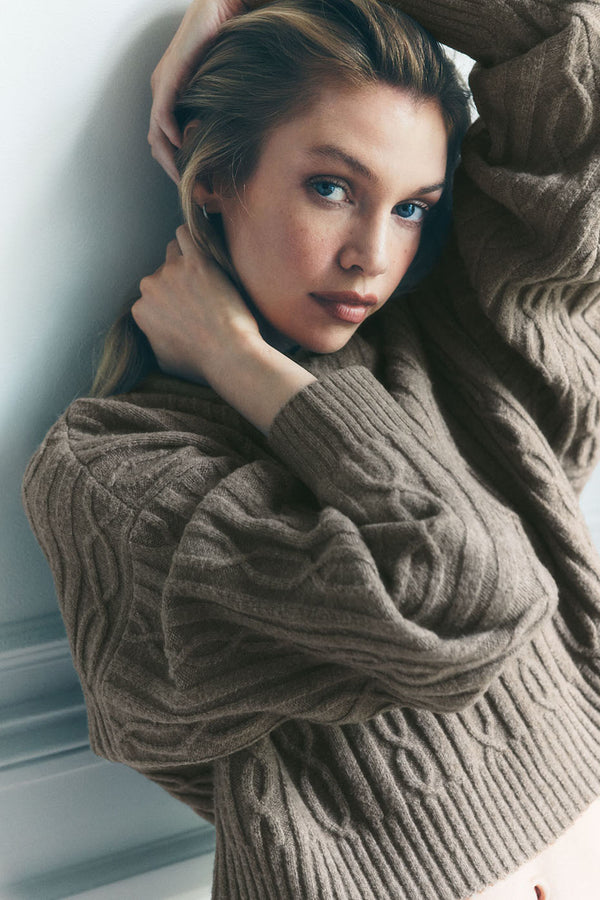 Cable Knit Winter Bliss Hoodie - Light Cocoa