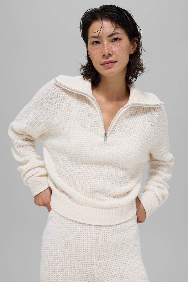 Cashmere Plush Waffle 1/4 Zip Pullover - Ivory