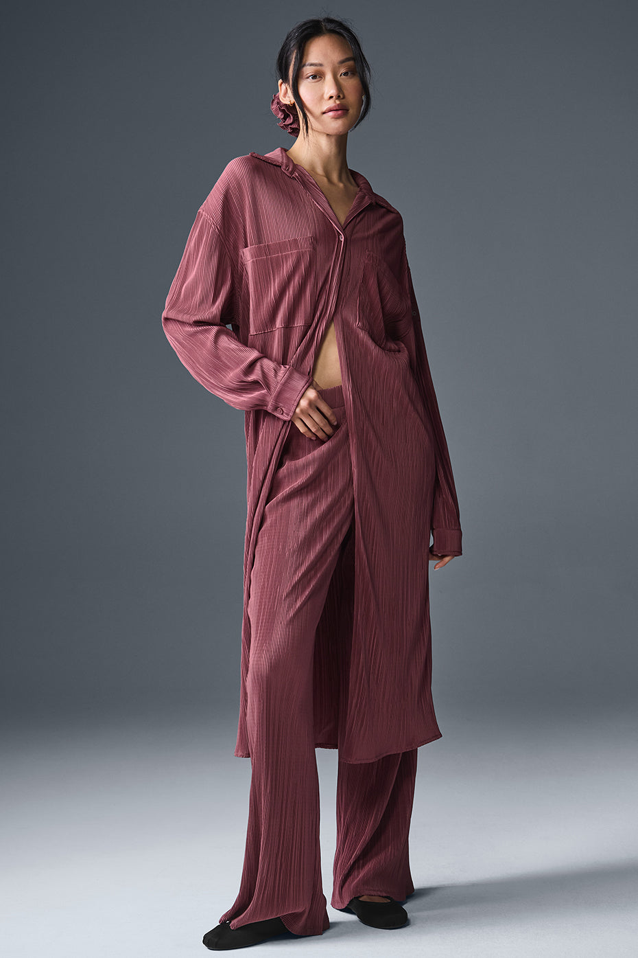 Micro Plisse Shirt Dress - Burgundy Truffle--0