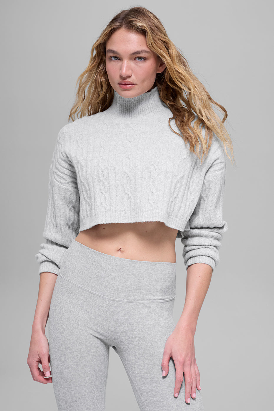 Cable Knit Cropped Winter Bliss Turtleneck Long Sleeve - Athletic Heather Grey--0