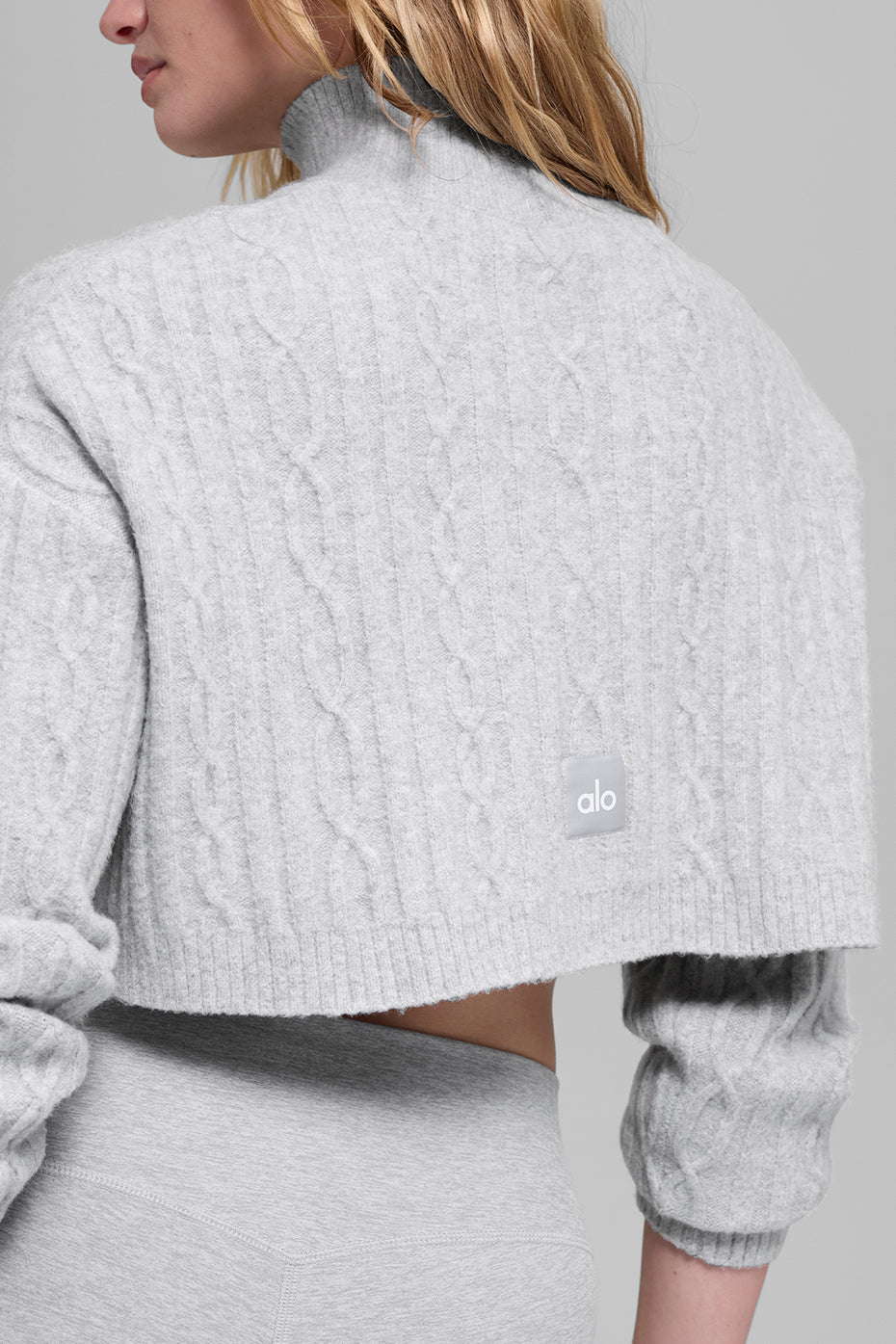 Cable Knit Cropped Winter Bliss Turtleneck Long Sleeve - Athletic Heather Grey--2