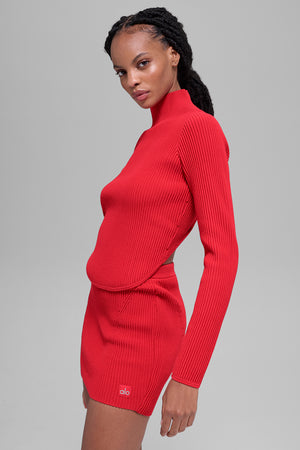 Denim Knit Backless Long Sleeve - Bright Red