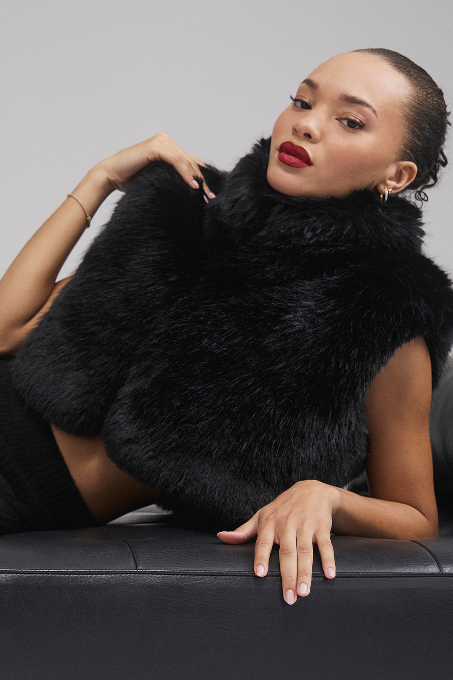 Opulent Faux Fur Cropped Vest - Black--3