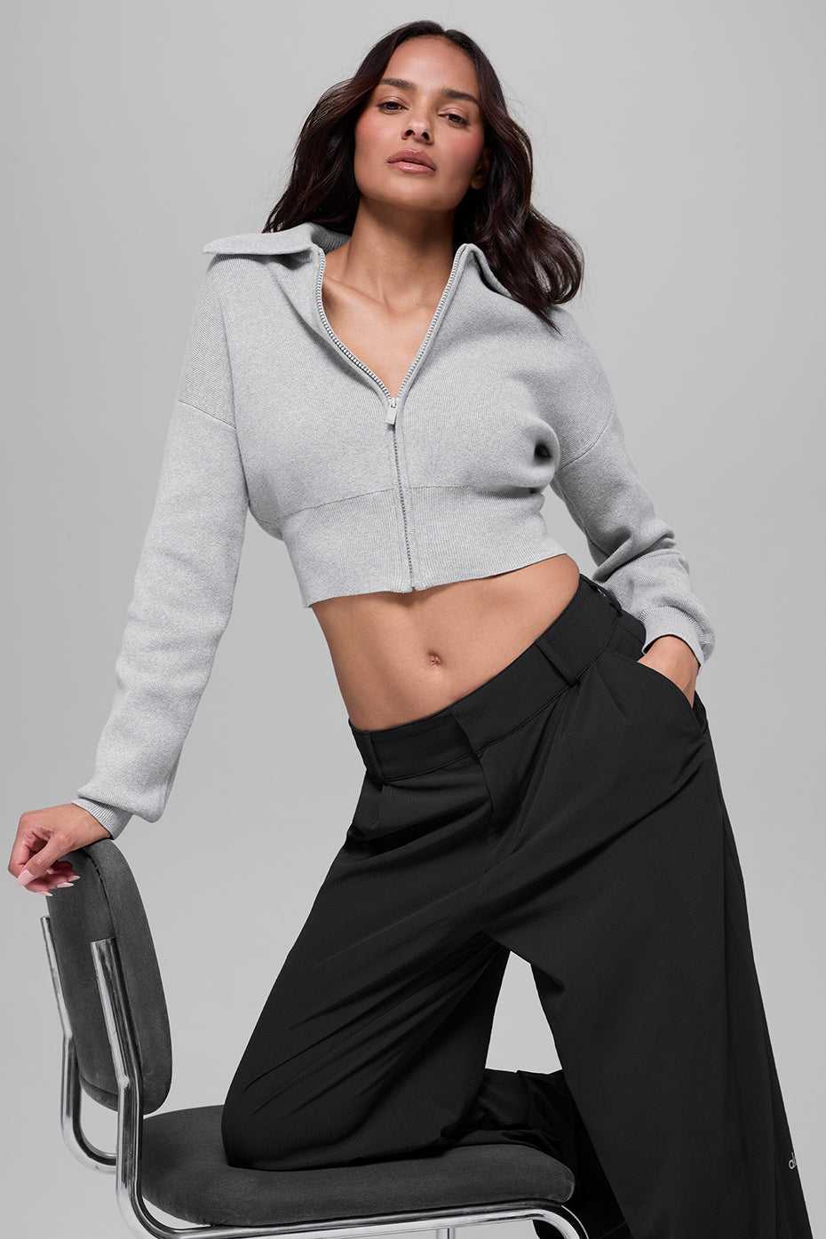 Scholar Knit Cropped Full Zip Jacket - Athletic Heather Grey--0