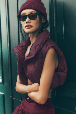 Cropped Gold Rush Puffer Vest - Burgundy