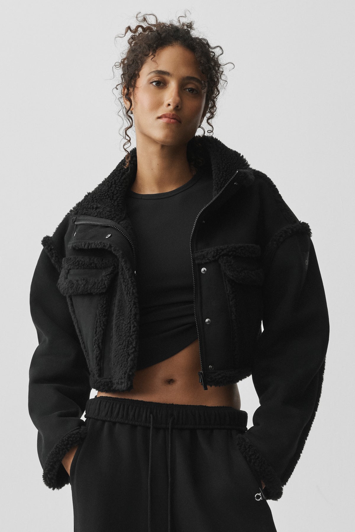 Faux Shearling Snowfall Cropped Jacket - Black--0