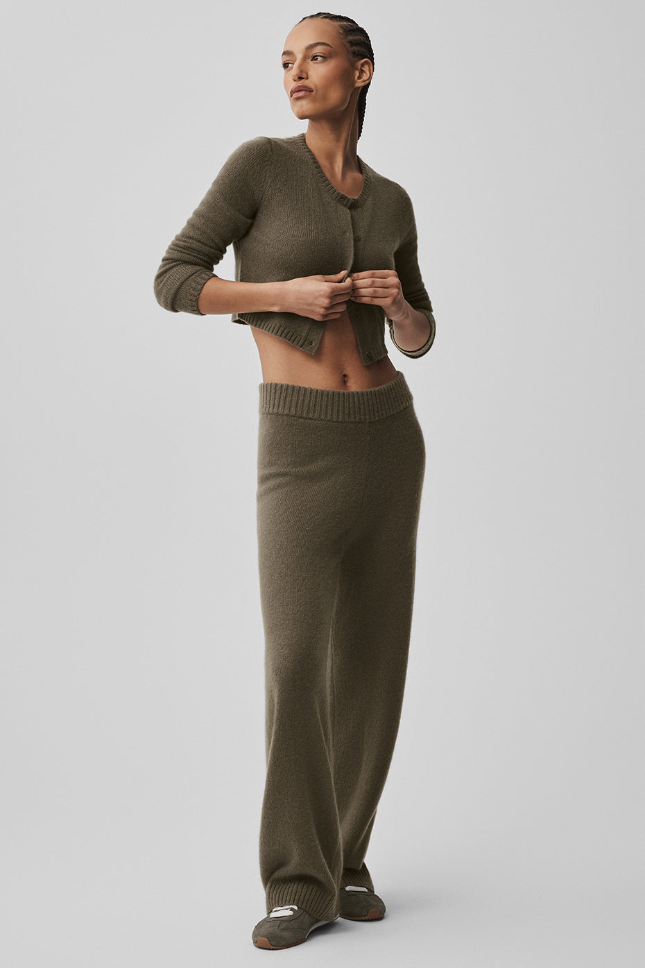 Wool Cashmere High-Waist New Class Wide Leg Pant - Olive Tree--3