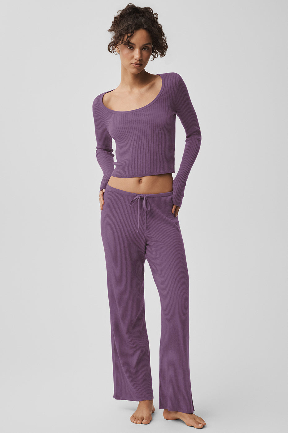 Sweater Knit Mid-Rise Unwind Wide Leg Pant - Plum Kiss--4