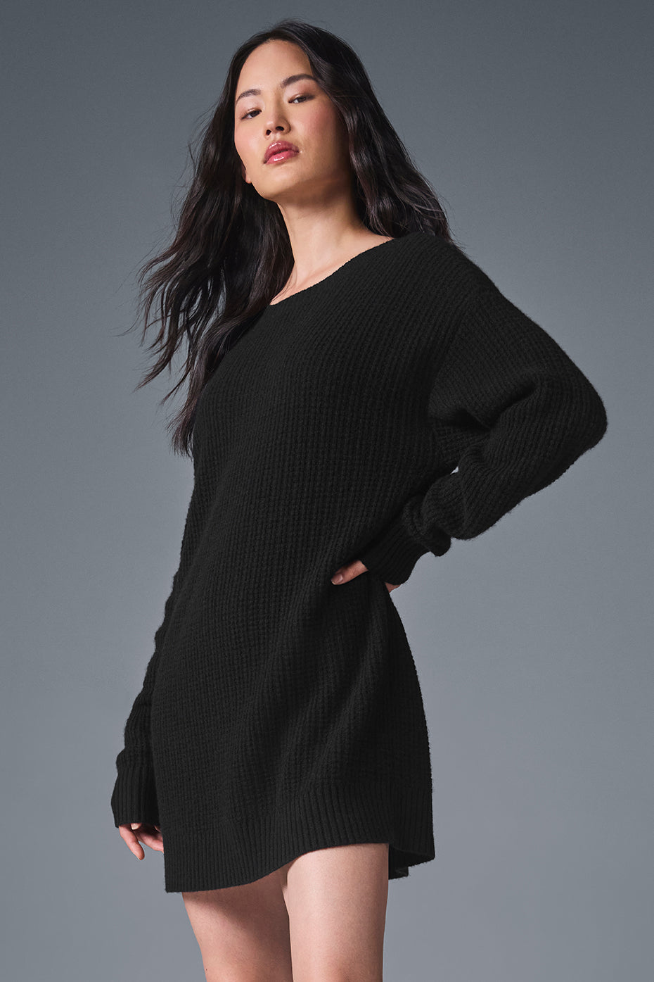 Cashmere Plush Waffle Dress - Black--0